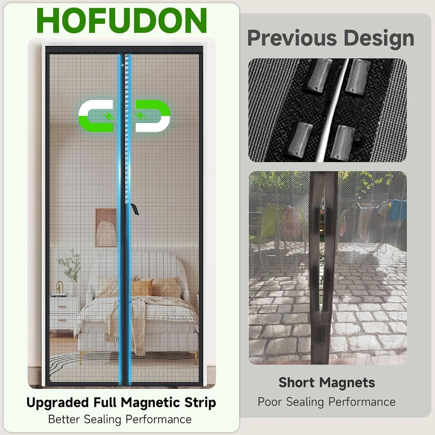HOFUDON Upgraded Magnetic Screen Door Mesh, Full Strip Magnets, Heavy Duty Fiberglass Mesh, Door Screen Magnetic Closure for Single Door Size 32 x 80 Inch, Screen Door Size 35 x 82 Inch Black