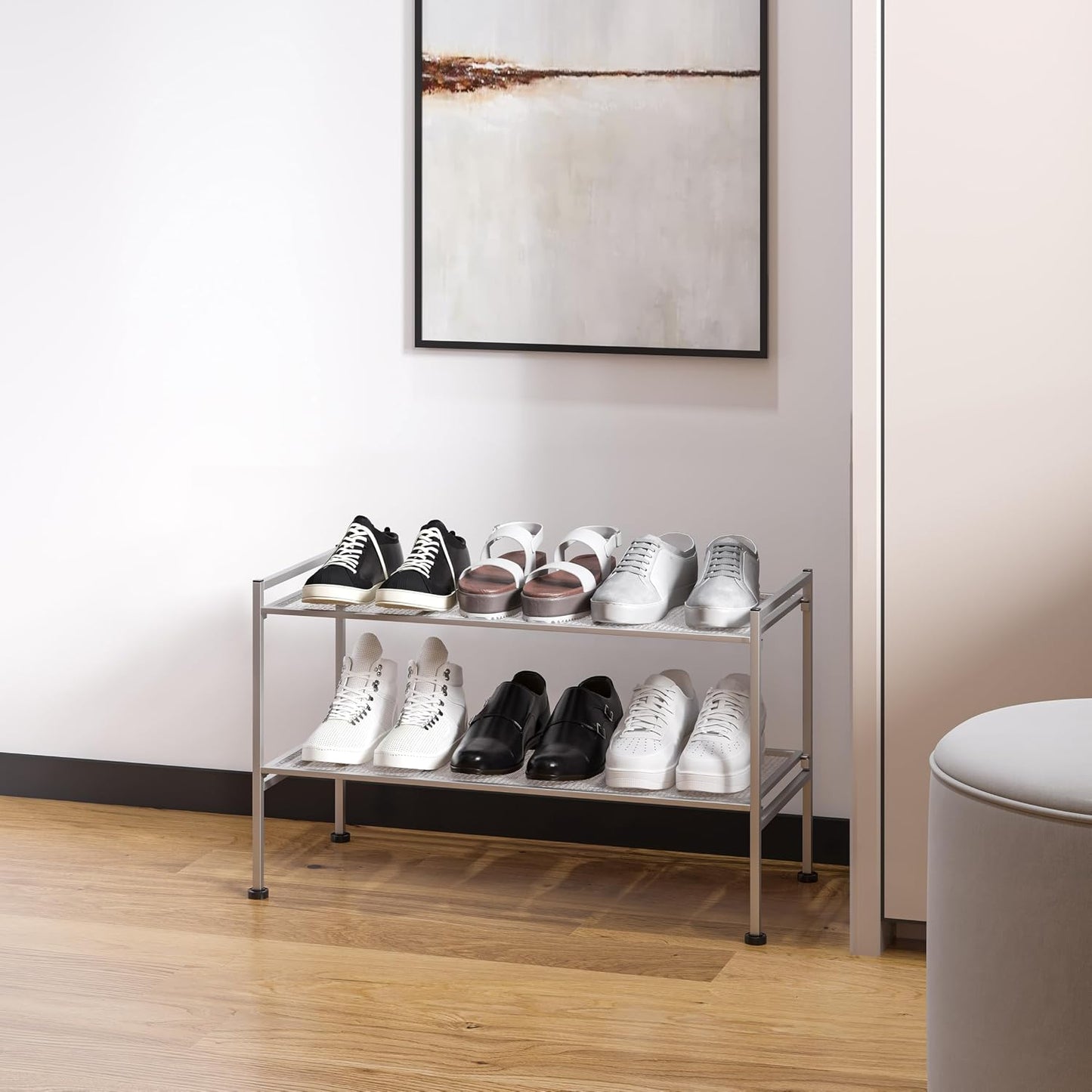 Seville Classics Sturdy Freestanding Storage Shelf for Bedroom, Closet, Entryway, Dorm Room Organizer Stackable Durable Metal Shoe Rack Ash Gray Slat, 3-Tier