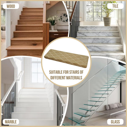 DEXDE Bullnose Stair Treads for Wooden Steps Non-Slip Stair Runner, 14 Pcs | Reusable bullnose carpet Stair Treads Indoor, Peel and Stick Stair Rugs with Edge Protection, Soft Washable, 30"x9.5" Grey
