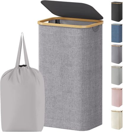 Lifewit 120L Laundry Basket with Lid, Clothes Hampers for Laundry with Bamboo Handles and 2 Removable Bag, Large Foldable Laundry Hamper for Bedroom, Bathroom, Dorm, Laundry Room, Beige