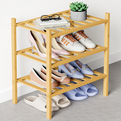 Smiry Bamboo Shoe Rack for Closet, 3 Tier Wooden Shoe Organizer, Stackable Wood Shoe Storage Shelf for Entryway, 14 Vertical Slats, One-piece Heavy-Duty Legs, 26.77"x11.02"x18.31", Natural