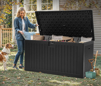 YITAHOME 95 Gallon Outdoor Storage Deck Box | Waterproof Resin Deck Box w/Handles, Lockable Outdside Deck Box for Patio Furniture, Garden Tools, Lockable & UV