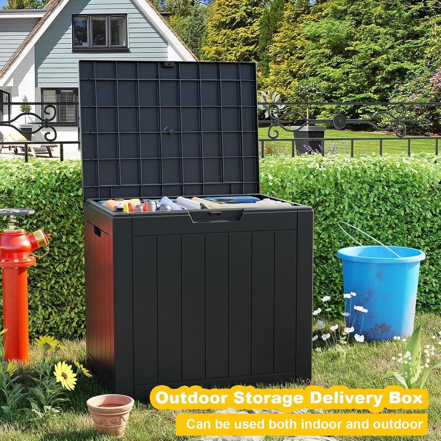 EasyUp 33 Gallon Resin Deck Box Waterproof, UV Resistant Outdoor Storage Box for Delivery, Porch, Patio and Garden, Stripe Black