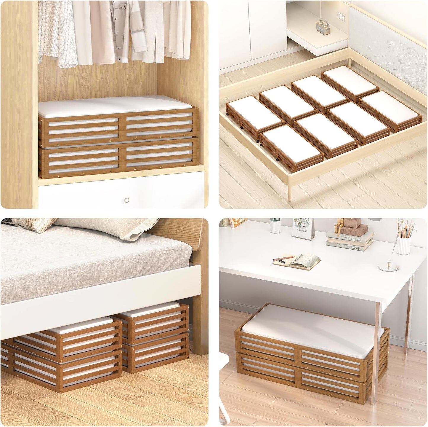 Wisuce 2 Packs Bamboo Under Bed Storage Organizer with Wheels White Small | 360° Lockable Wheels,120lbs Load Capacity, Multi-scene ,Dustproof Clear Storage Bag, Large Capacity,Easy Quick Assembly