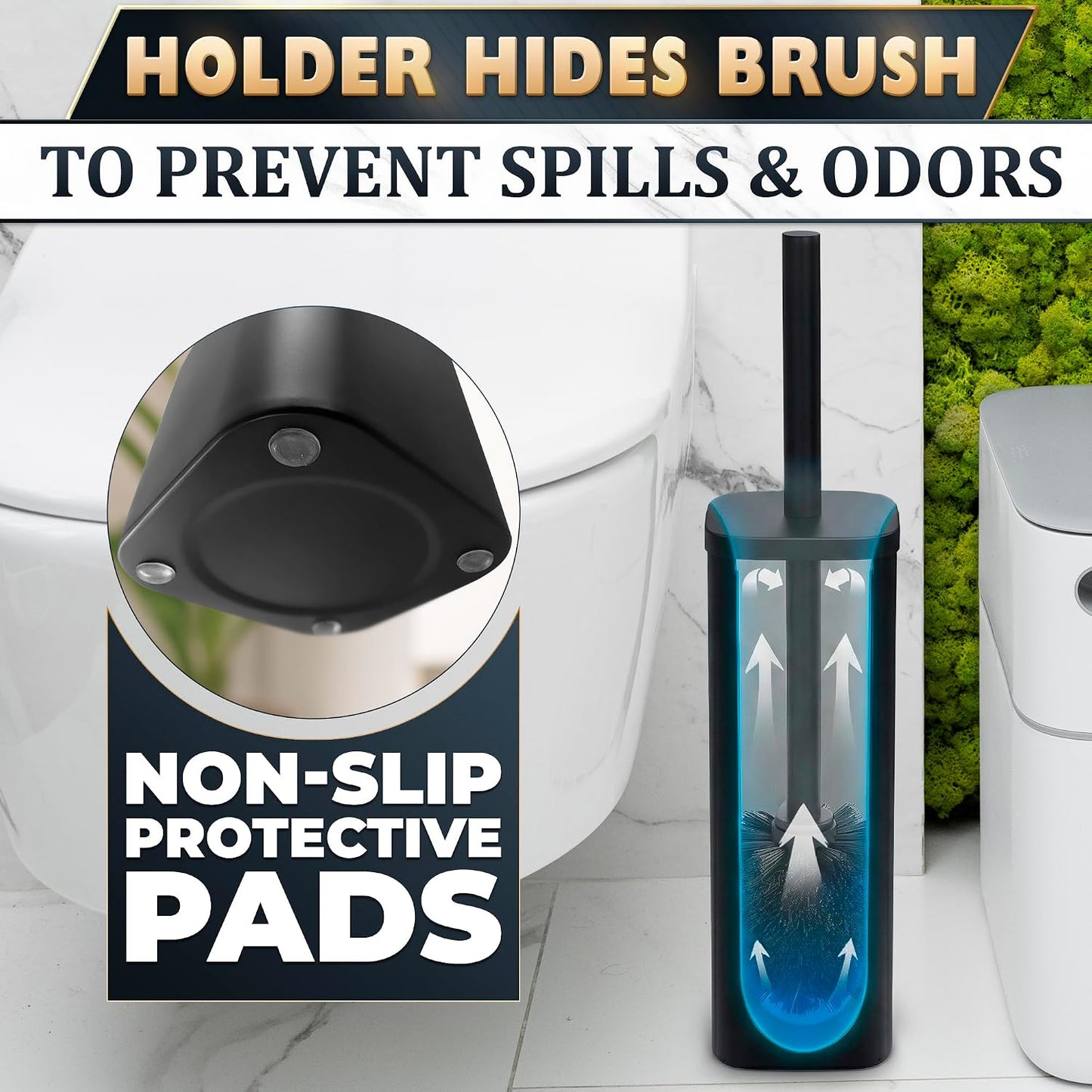 Black Toilet Brush and Holder Set - Slim Matte Design that Fits Anywhere - Stainless Steel Toilet Bowl Brush and Holder with 2 Rounded Corners, Replaceable Head, Removable Inner Bowl & Splash Guard
