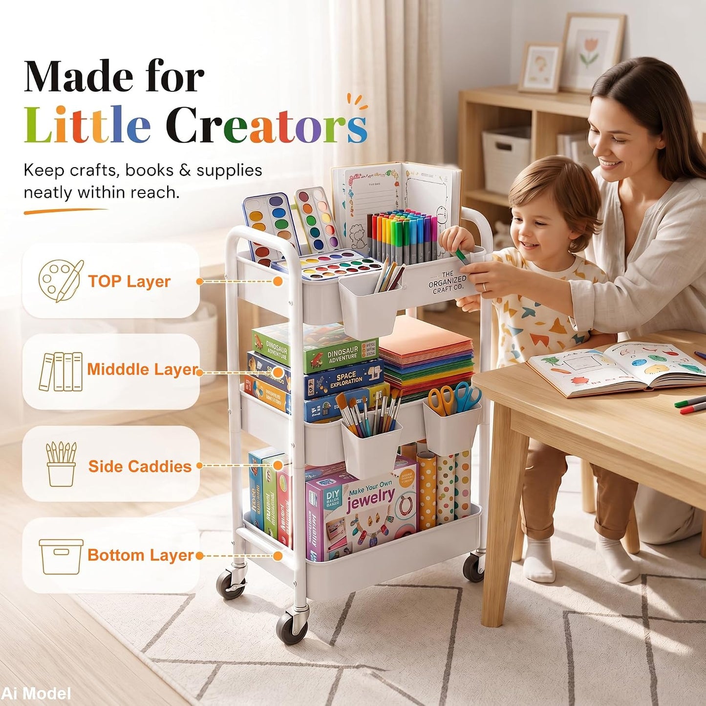 2 Tier Small Rolling Cart Metal with Wheels, White Under Desk Storage Cart on Wheels, Short Utility Roller Caddy Carts Organizer for Art,Craft,Pantry,Bathroom, Two Tiered Shelf Trolley,22 Inches Tall