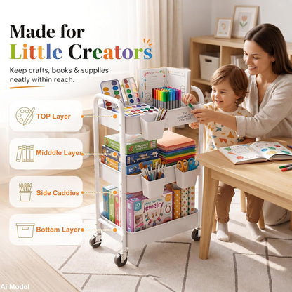2 Tier Small Rolling Cart Metal with Wheels, White Under Desk Storage Cart on Wheels, Short Utility Roller Caddy Carts Organizer for Art,Craft,Pantry,Bathroom, Two Tiered Shelf Trolley,22 Inches Tall