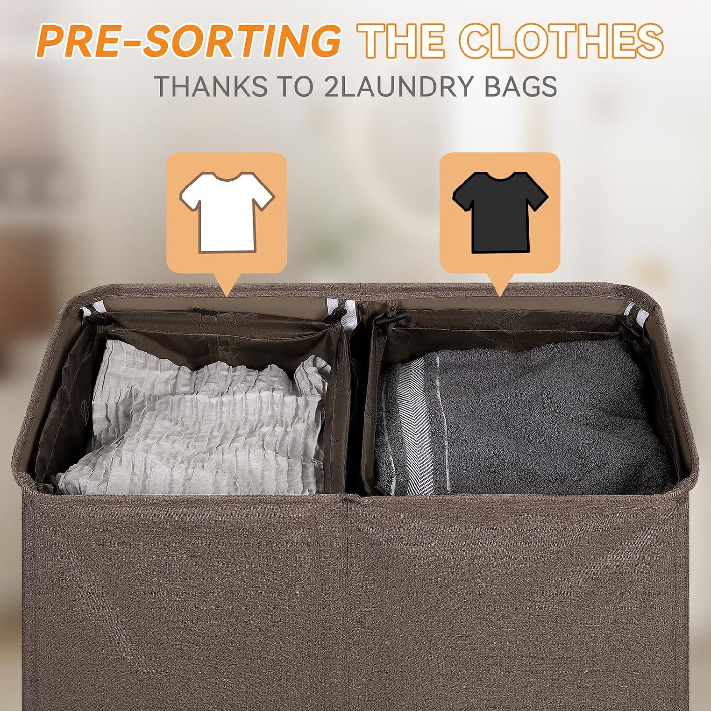 Chrislley 140L Laundry Hamper 2 Section, Double Laundry Basket with Lid, Large Dirty Clothes Hamper with Removable Liner Bags, Collapsible Laundry Organizer for Bedroom, Dorm,Beige