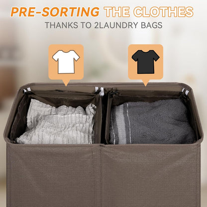 Chrislley 140L Laundry Hamper 2 Section, Double Laundry Basket with Lid, Large Dirty Clothes Hamper with Removable Liner Bags, Collapsible Laundry Organizer for Bedroom, Dorm,Beige