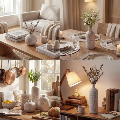 Modern Rustic Farmhouse Ceramic Vase Set of 3, Handmade Speckled Pottery Vases for Table Decor, Small Decorative Vase Centerpiece for Living Room, Mantel & Shelf Styling
