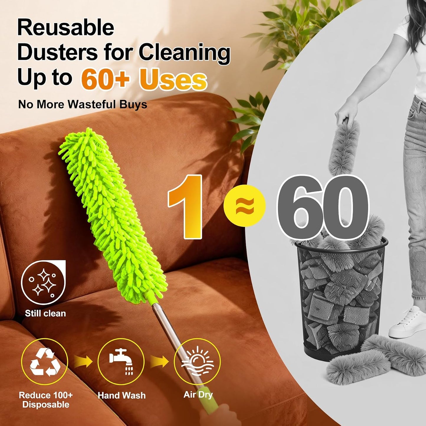 Tiumso Dusters for Cleaning,Microfiber Feather Duster 5-in-1 Kit, Duster with Extension Pole 100 Inches, Cobweb Duster, Microfiber Dusters for High Ceilings and Fans, Blinds and Cars