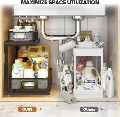 2-Pack Under Sink Storage Organizer with 2-Tier Slide Out Drawer, Sophisticated Mesh Pull Out Shelf for Kitchen & Bathroom, Fits Small Items, Upgraded Arched Track for Smooth Gliding(Patented)
