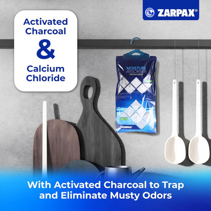 ZARPAX Hanging Moisture Absorber Fresh Cotton 10.6 oz/300g | Moisture Absorbing Bags for Bathroom, Closet, Kitchen & Vehicles | Removes Moisture, Humidity & Odors | Portable Dehumidifier | Set Of 10