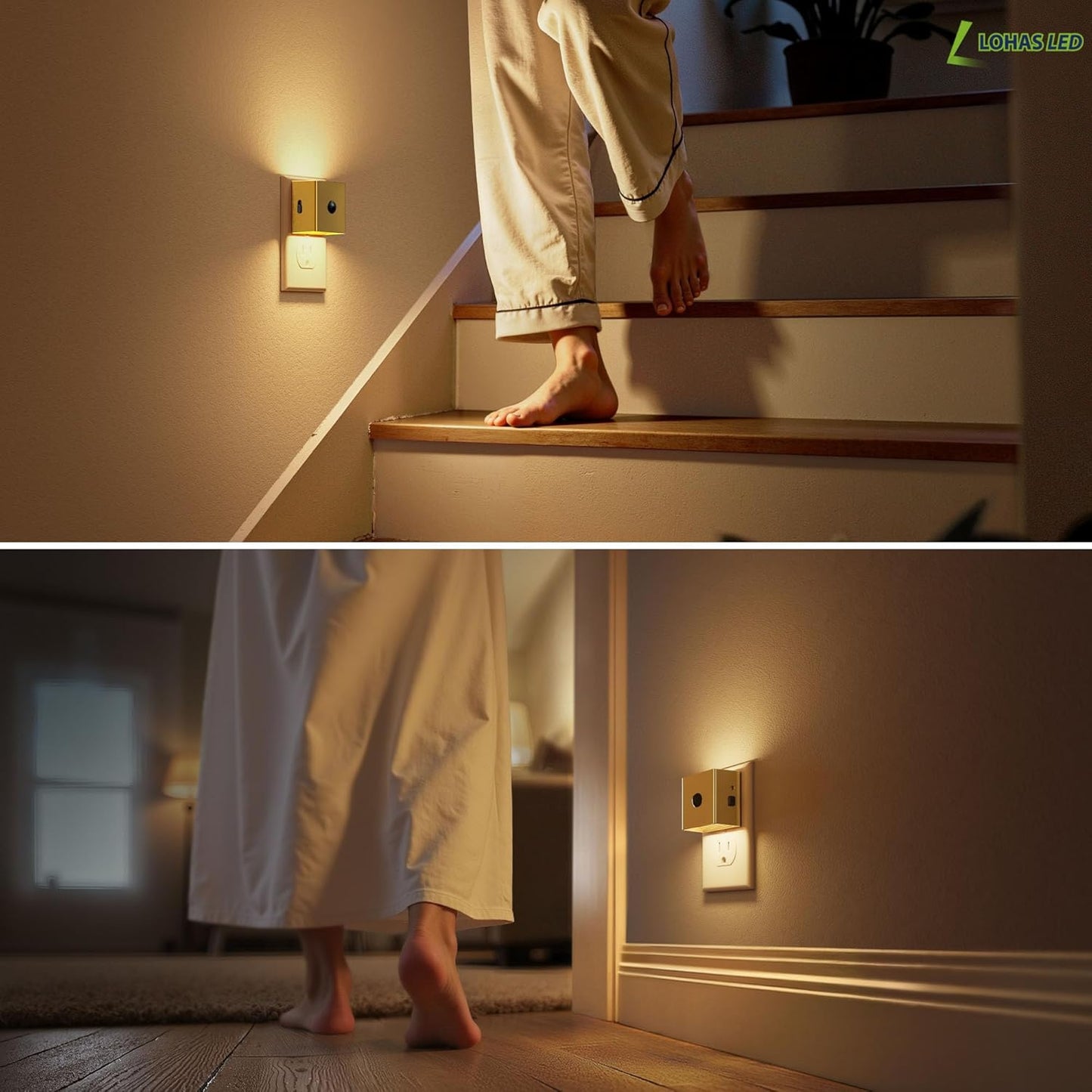 L LOHAS LED Motion Sensor Night Light, [2-Pack] Plug in Night Light with Motion Sensor and Dusk to Dawn Sensor, Brightness Adjustable, 3000K Soft White Nightlight for Bathroom Hallway Kitchen