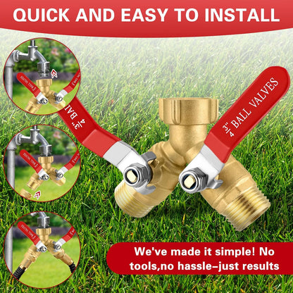 Garden Hose Splitter, 304 Stainless Steel 2 Way Hose Splitter with Long Handle, Heavy Duty Hose Y Spigot Splitter with Shutoff Valves, 3/4" GHT Thread Outdoor Faucet Splitter