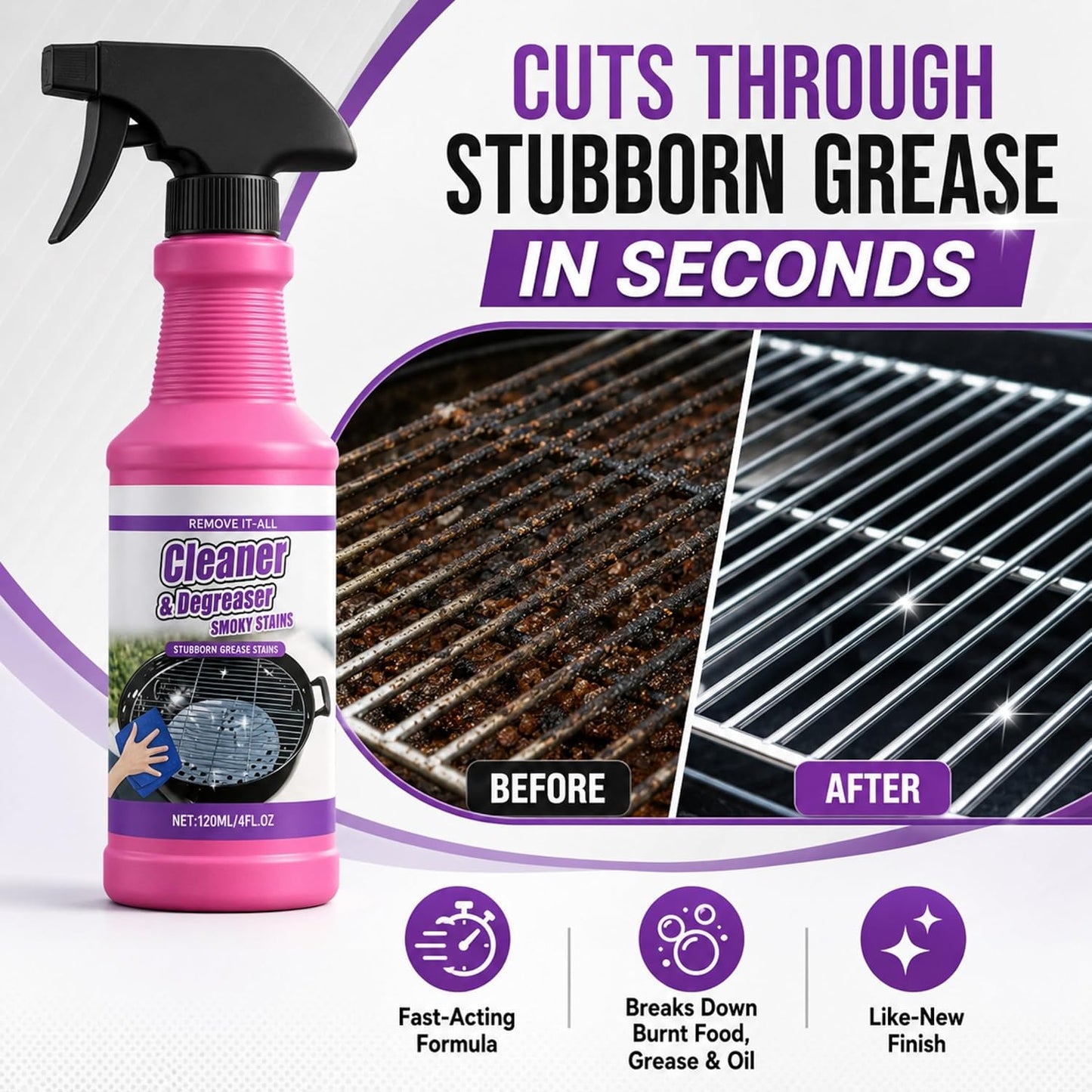 Fast-Acting Grill Cleaner Spray, Heavy Duty BBQ Degreaser for Burnt Food & Stubborn Grease, Powerful No-Scrub Oven & Kitchen Cleaner for Grills, Stovetops & Pans (1)