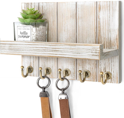 Rebee Vision Decorative Key Holder Wall Mount - Rustic Key Holder for Wall with Shelf and Mail Organizer for Living Room Decor - Home Essentials for Home Improvement (Brown, 3.54" x 10" x 7.28")