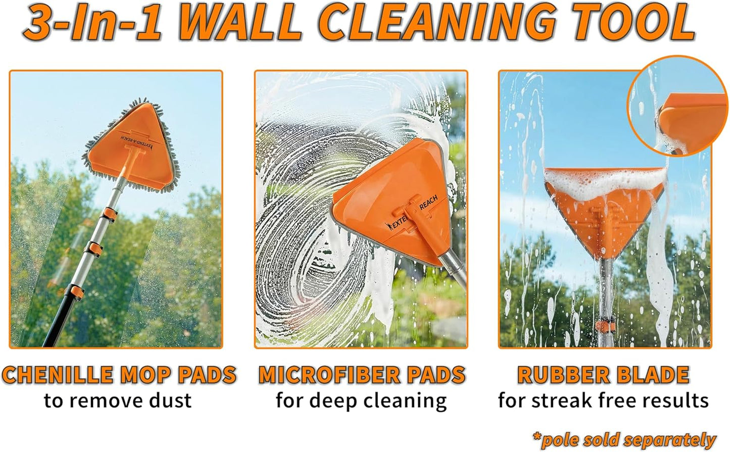 Wall Cleaner Tool with 4 Replacement Pads // 3-in-1 Wall Washer Mop for Walls, Baseboards and Windows // Wall and Baseboard Cleaner Fits All Extension Poles with Acme Thread (Pole Sold Separately)