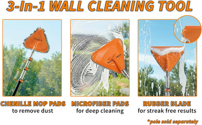 Wall Cleaner Tool with 4 Replacement Pads // 3-in-1 Wall Washer Mop for Walls, Baseboards and Windows // Wall and Baseboard Cleaner Fits All Extension Poles with Acme Thread (Pole Sold Separately)