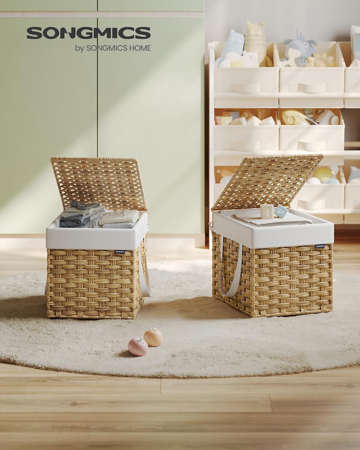 SONGMICS Laundry Hamper with Lid, 23.8 Gallon (90 L) Synthetic Rattan Clothes Laundry Basket with Lid and Handles, Foldable, Removable Liner, Chestnut Brown ULCB051K02