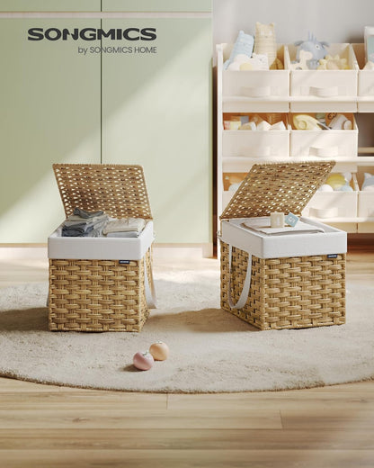 SONGMICS Laundry Hamper with Lid, 23.8 Gallon (90 L) Synthetic Rattan Clothes Laundry Basket with Lid and Handles, Foldable, Removable Liner, Chestnut Brown ULCB051K02