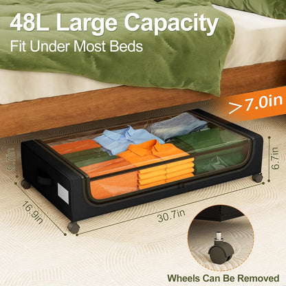 GoMaihe Under Bed Storage with Wheels: 48L Underbed Storage Containers with Lids - Rolling Bins for Shoes Clothes in Dorm Bedroom - Metal Drawers Easy Pull-out Grey 2-Pack
