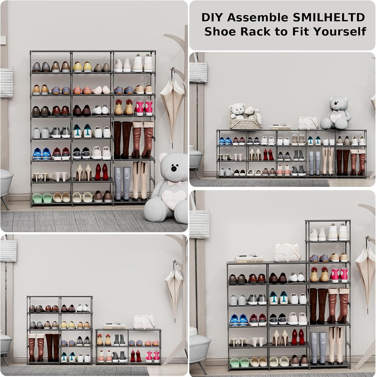 SMILHELTD Large Shoe Rack 4 Row 8 Tier for Entryway Holds 64 Pairs, Metal & Plastic Sneaker Shelves, DIY Assembly, Space Saving Storage Organizer for Garage Closet, 66.1" W x 49.2" H