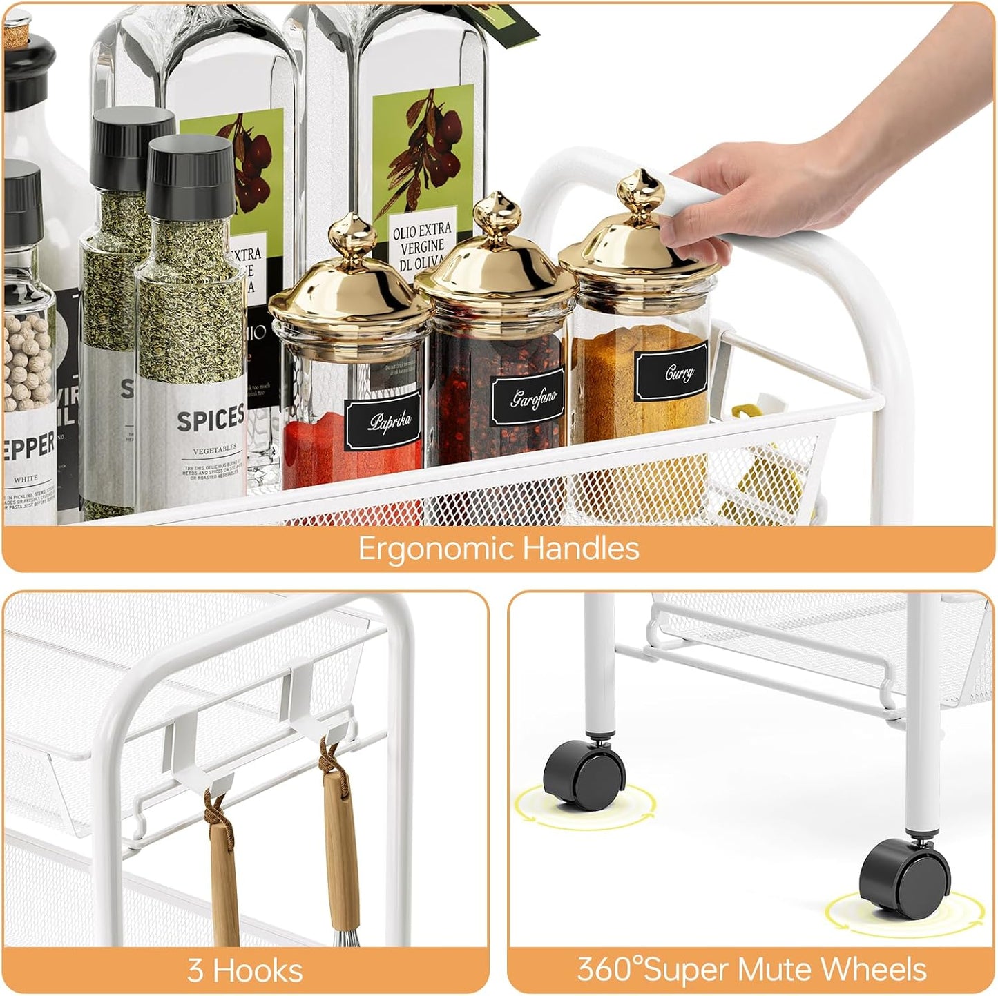 TOOLF 3-Tier Metal Rolling Cart, Mesh Wire Easy Assemble Utility Cart, Storage Trolley on Wheels with 3 Hooks, MetalStorage Shelving Units for Kitchen Bathroom Laundry Room