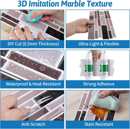 24 Sheet Peel and Stick Tile Backsplash Sticks for Kitchen 10"x 5" Back Splashes Self Adhesive Waterproof Tile Wall Paper for Bathroom Kitchen Backsplash, RV, Fireplace, Black/White Marble Look