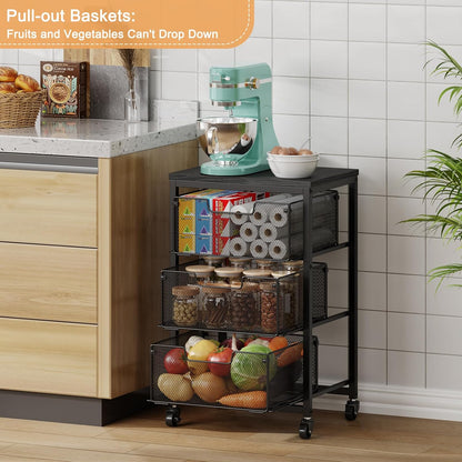 4 Tier Kitchen Rolling Cart, Kitchen Storage Cart with Wheels, Adjust Pantry Organizer and Storage Cart with Drawer, Fruit Vegetable Spice Storage Cart, Wooden Top Metal Kitchen Organizer Rack Stand