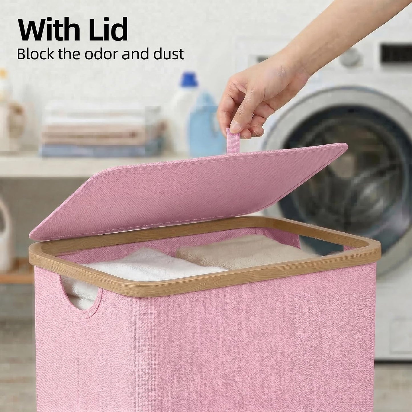 efluky Slim Laundry Basket with Lid, Narrow Laundry Hamper with Removable Bag, Skinny Dirty Clothes Basket with Bamboo Handles for Bathroom, Bedroom & Laundry Room, 75L Beige
