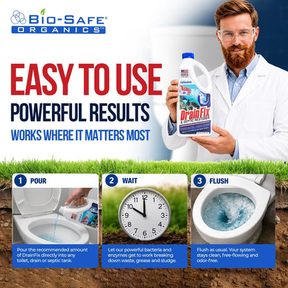 DrainFix & Septic Restorer – 32 oz Enzyme Septic Tank Treatment & Drainfield Restoration – Organic Drain Cleaner for Sewer Lines, RV & Home Plumbing – Safe for Pipes & Septic Systems