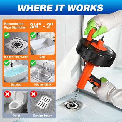 Drainsoon Auto Feed Drain Auger with Drill Adapter, 33 Feet Drain Snake Hair Clog Remover, Manual or Powered Plumbing Snake Drain Cleaner for Bathroom, Shower, Kitchen Sink, Comes with Gloves
