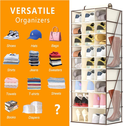 Hanging Shoe Organizer for Closet with 8 Shelves,Mesh Pockets-Wider Hanging Shelves for Shoes,Clothes,Hats with Sturdy Bamboo-Supported Design (Beige)