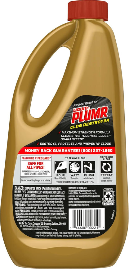 Liquid-Plumr Pro-Strength Full Clog Destroyer, Bathroom & Kitchen Sinks, Shower and Tub Drain, Safe for Pipes, Liquid Drain Cleaner, 32 Fluid Ounces