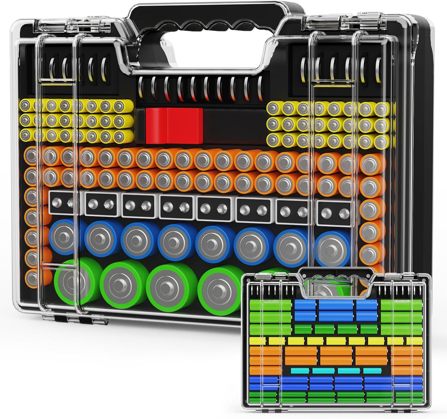 Battery Organizer Storage Holder Box Case with Tester, Stores & Protects Up to 260 Batteries, Double-Sided, Clear Locking Lid, Secure Latches & Portable Carrying Handle - Red (Batteries Not Included)