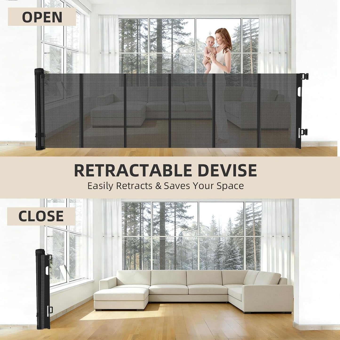 Retractable Baby Gate, 55 in Wide x 33 in Tall Mesh Dog Gate, Hardware Mounted Safety Gate with Double Lock for Doorways, Hallways, Indoor Outdoor, White