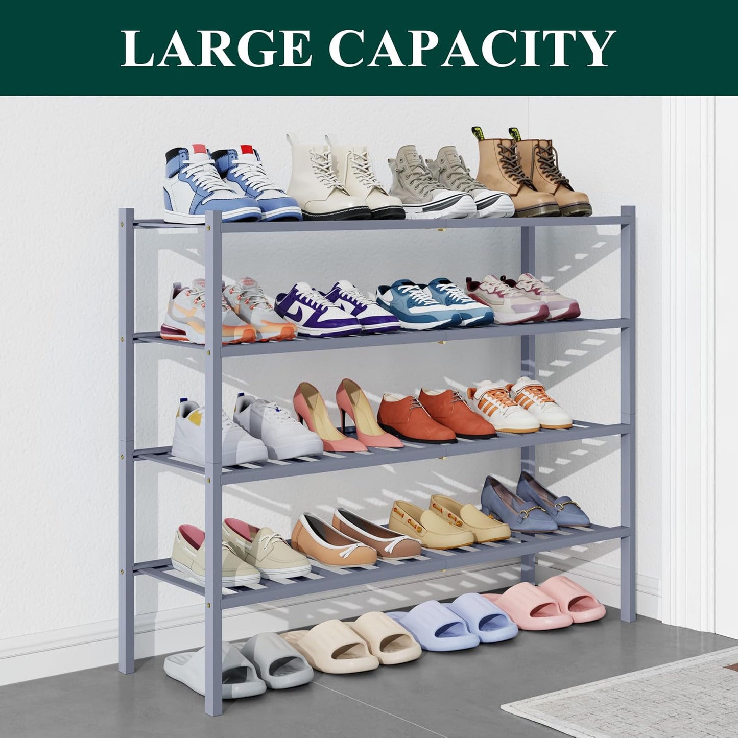 Smiry Bamboo Shoe Rack for Closet, 3 Tier Wooden Shoe Organizer, Stackable Wood Shoe Storage Shelf for Entryway, 14 Vertical Slats, One-piece Heavy-Duty Legs, 26.77"x11.02"x18.31", Natural