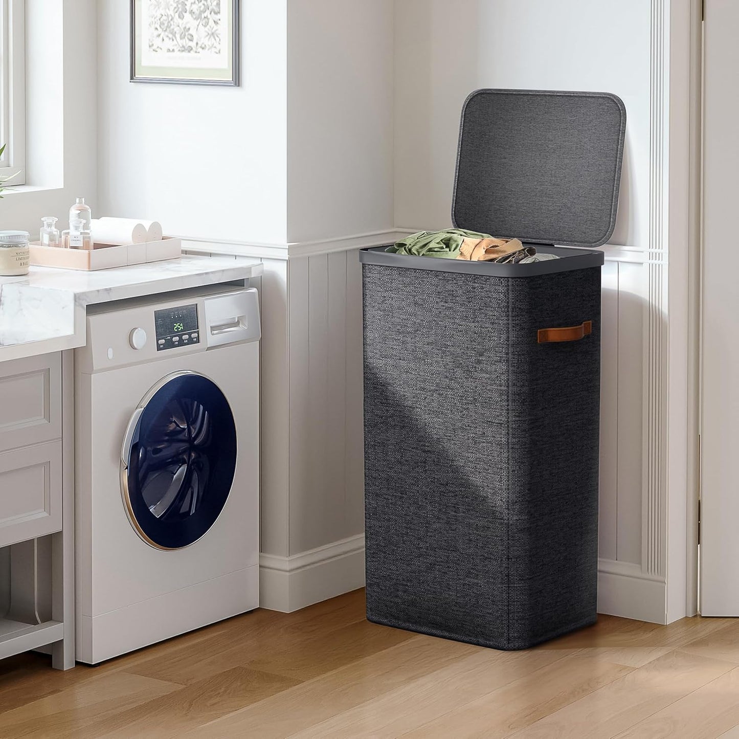 Sorbus Laundry Hamper with Lid - Collapsible 3-Compartment Fabric Laundry Basket with Handles and Removable Laundry Bag – 50 Gallon (190 L) Dirty Clothes Hamper for Bedroom, bathroom and dorm (Beige)