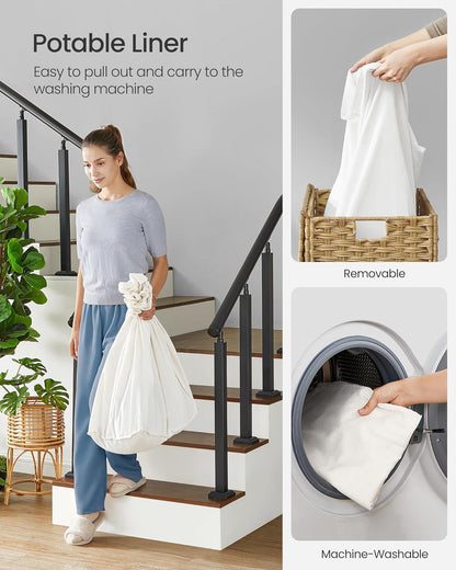 SONGMICS Laundry Hamper with Lid, 37 Gallons (140 L), Rolling Laundry Basket with Wheels, 3-Section Synthetic Rattan, Removable Liner, Bedroom, 26 x 13 x 26 Inches, Gray ULCB363G01