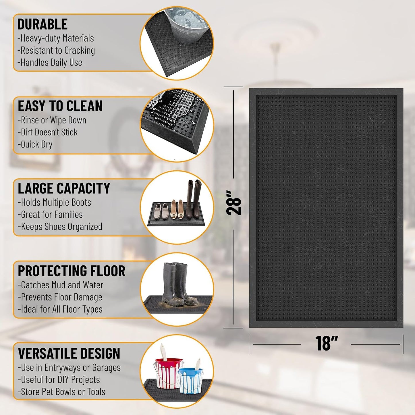 Ottomanson Indoor/Outdoor Boot Tray Non-Slip Rubber 16" x 32" Modern Entryway Mat for Entryway, Patio, Backyard, Garage, 16" x 32", Black
