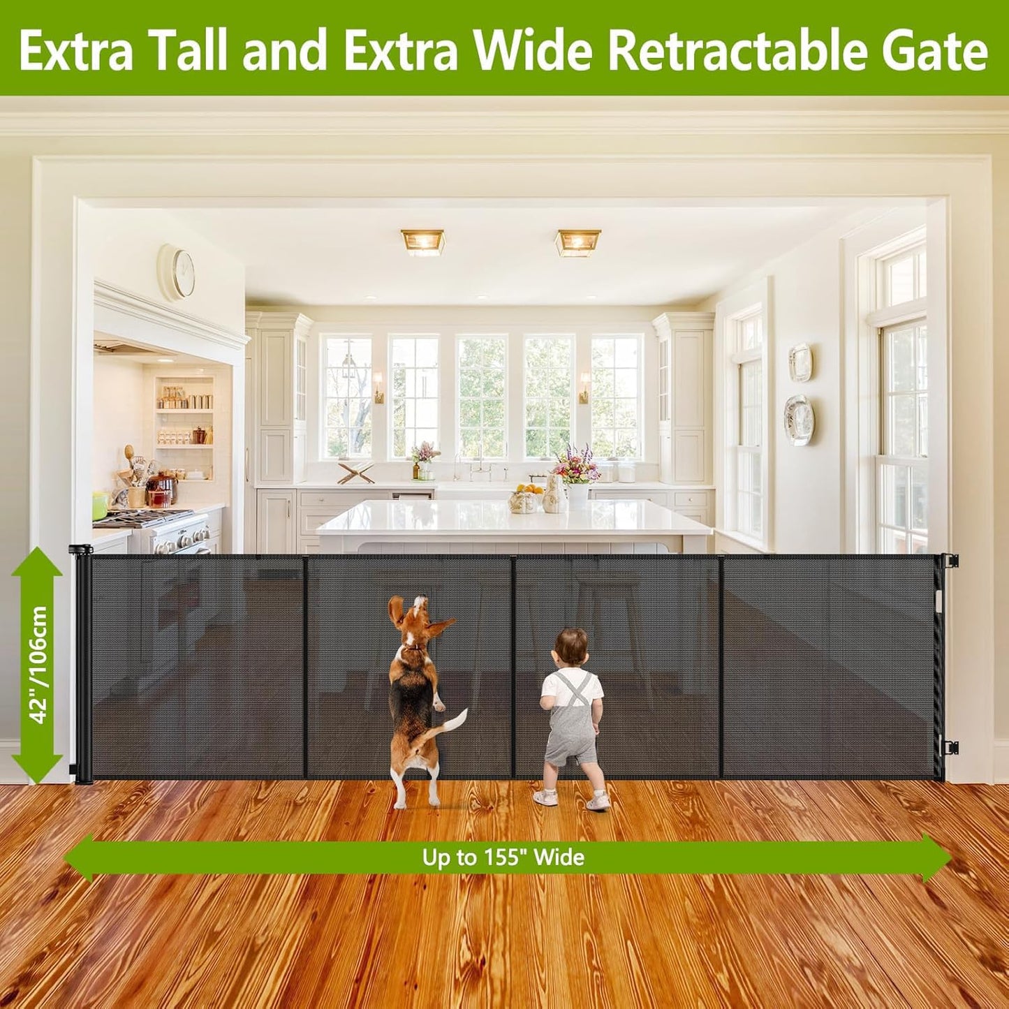 Newly Enhanced - 42" Tall × 120" Extra Wide Retractable Baby Gate Keeps Pets from Getting Under Tall Dog Gate, Indoor/Outdoor Baby Gates for Dogs, Retractable Dog Gate for Large Openings, White