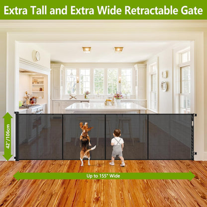Newly Enhanced - 42" Tall × 120" Extra Wide Retractable Baby Gate Keeps Pets from Getting Under Tall Dog Gate, Indoor/Outdoor Baby Gates for Dogs, Retractable Dog Gate for Large Openings, White