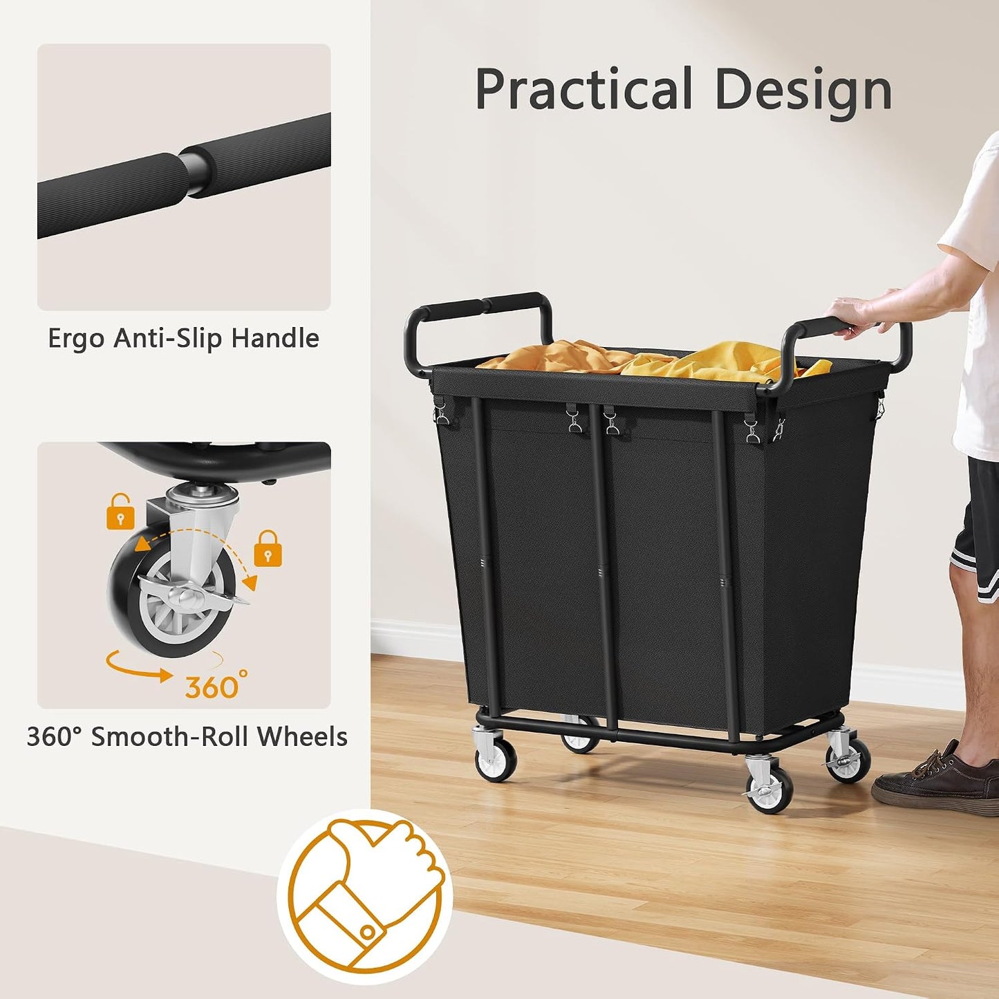 Gewudraw Large laundry hamper with Wheels, 3 Bag Big Rolling Laundry Hamper Sorter Cart, Extra Large Laundry Clothes Hamper, Heavy Duty Laundry Basket Organizer for Laundry Room,Bathroom,Black