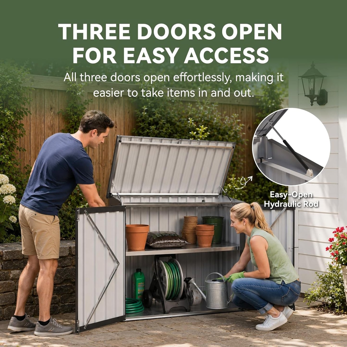 Aoxun Outdoor Storage Cabinet, 35 Cu.Ft Metal Storage Shed with Floor, All-Weather Outdoor Storage Box with Hydraulic Lid, Lockable Doors for Patio Garden Garage, Black