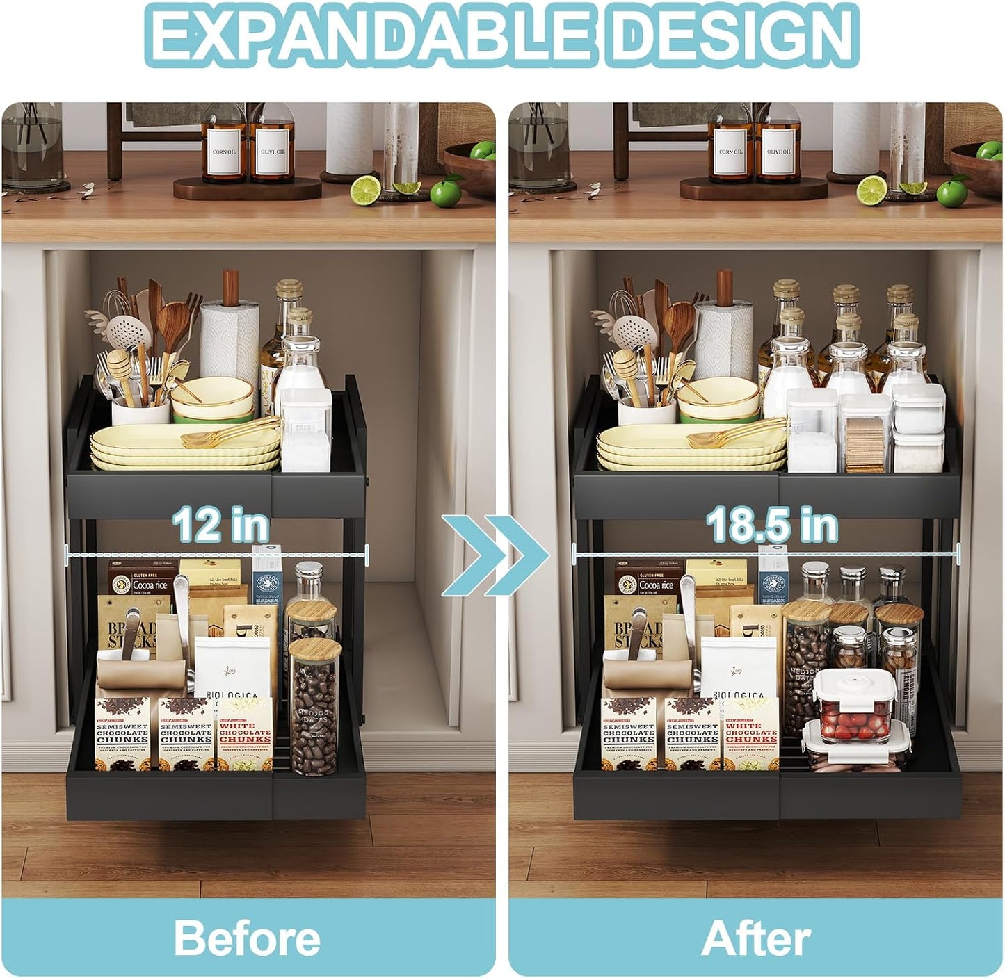 Golener 2-Tier Expandable Pull Out Cabinet Organizer - Slide Out Drawers for Kitchen Cabinets, Bathroom Organizers and Storage, Under Sink Organizer for Kitchen Storage Organization, White Metal Frame