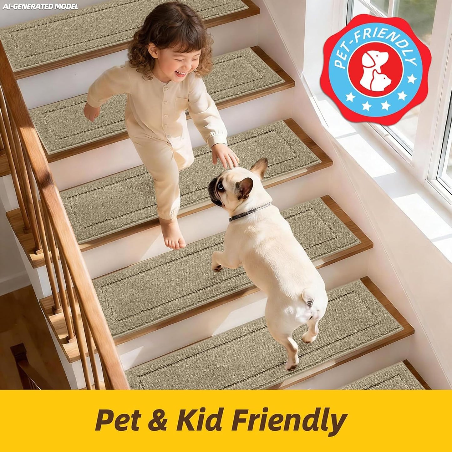 JSEI Stair Treads for Wooden Steps Indoor, 15-Pack Non Slip Stair Treads 30" x 8", Washable Polyester Stair Mats with TPE Backing, Low Profile Stair Rugs for Kids, Seniors and Dogs, Brown