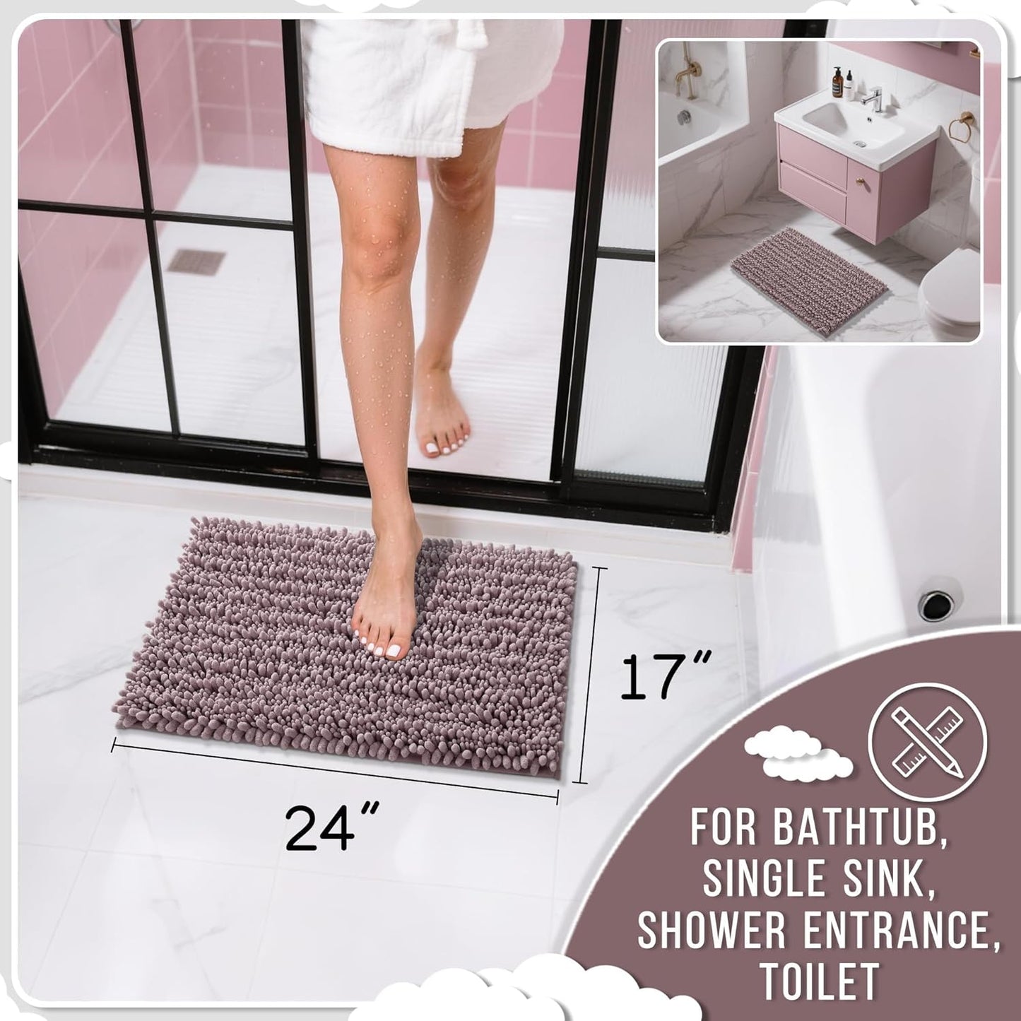 Yimobra Bathroom Rugs Non Slip Washable - Ultra Soft Absorbent Chenille Bath Mat, Quick Dry Shaggy Floor Carpet for Tub Shower, Gray Home Decor Accessories, 24x17 Inch