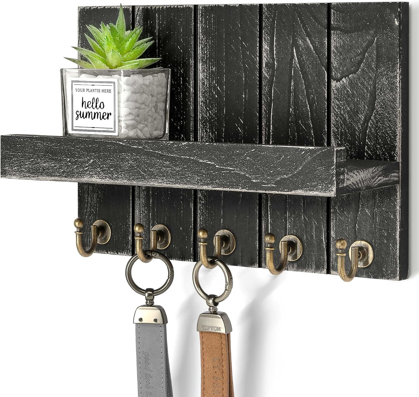 Rebee Vision Decorative Key Holder Wall Mount - Rustic Key Holder for Wall with Shelf and Mail Organizer for Living Room Decor - Home Essentials for Home Improvement (Brown, 3.54" x 10" x 7.28")