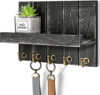 Rebee Vision Decorative Key Holder Wall Mount - Rustic Key Holder for Wall with Shelf and Mail Organizer for Living Room Decor - Home Essentials for Home Improvement (Brown, 3.54" x 10" x 7.28")